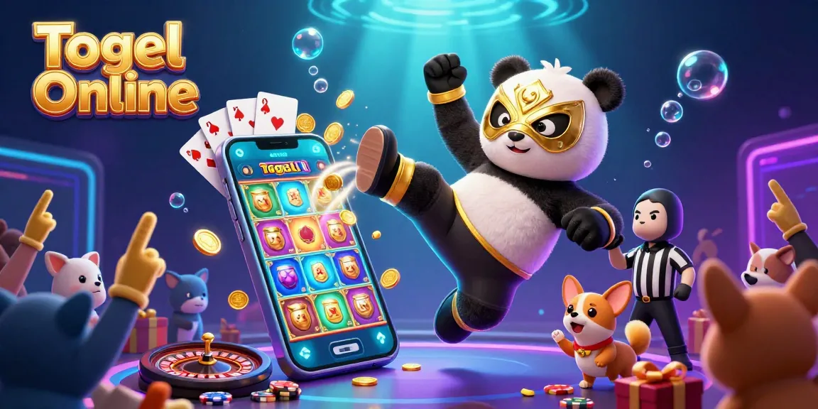 Engaging 3D illustration of Togel Online featuring a flying panda wrestler and animated casino elements.