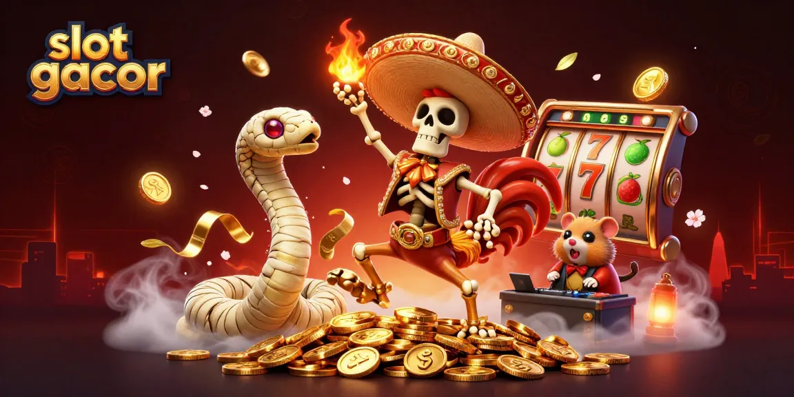 Engage with the slot gacor excitement as a mariachi rooster celebrates wins amidst a vibrant casino scene.