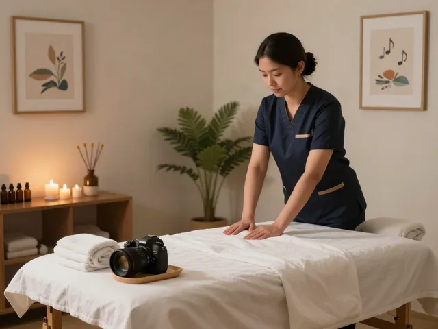 Relaxing massage therapy room setup emphasizing 운서출장마사지 with calming ambiance and soothing decor.
