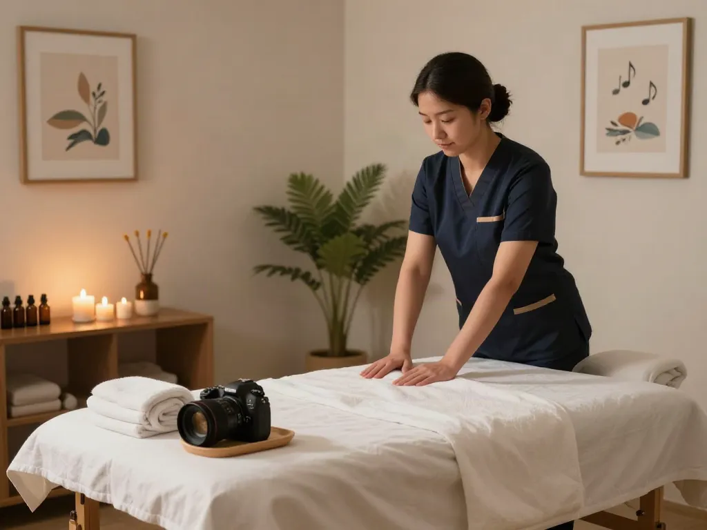 Relaxing massage therapy room setup emphasizing 운서출장마사지 with calming ambiance and soothing decor.