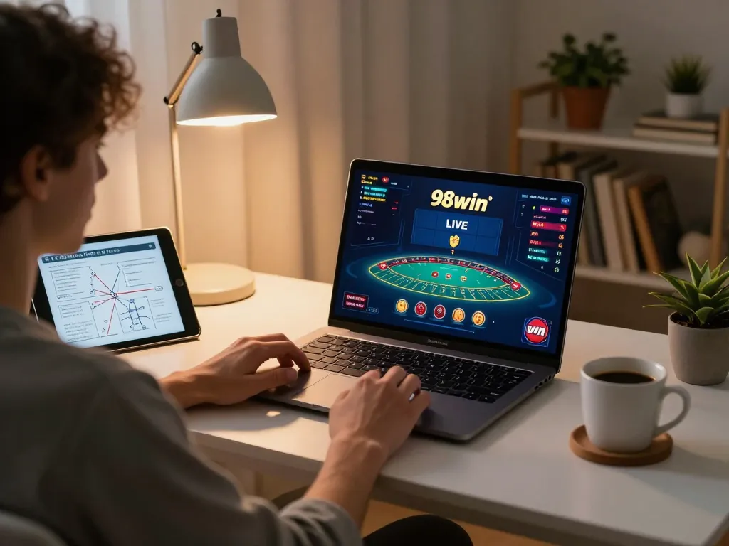 Join the fun at 98win with live baccarat gameplay on a laptop in a cozy home setting.