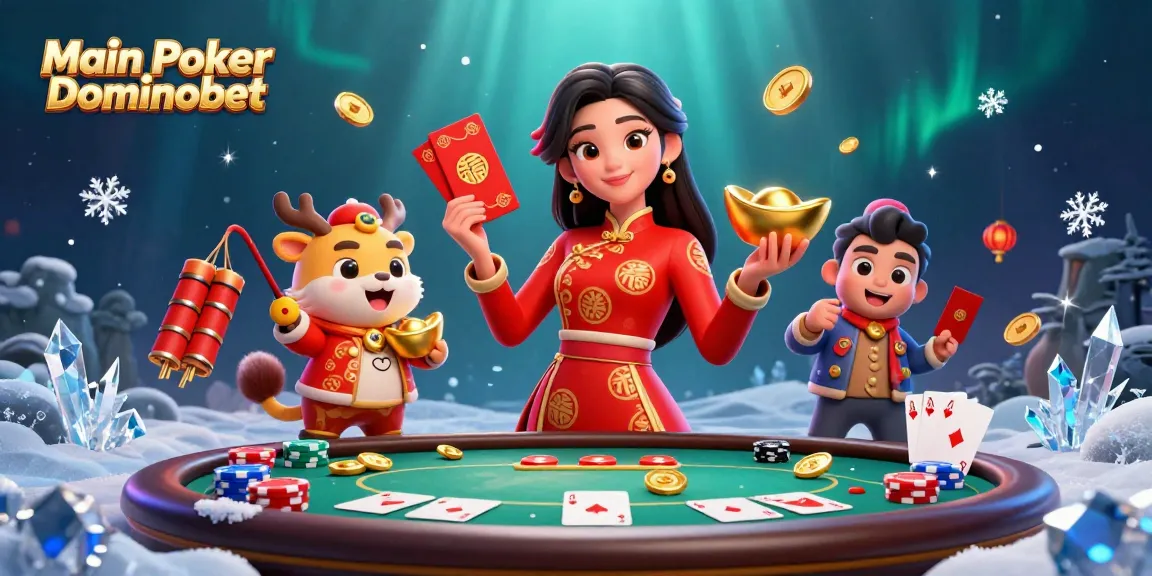 Main Poker Dominobet showcases a vibrant 3D scene with dynamic poker elements, portraying the excitement and engagement of online gambling.