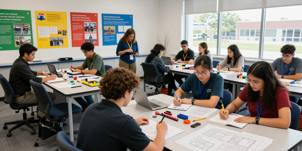 Engaged classroom scene with university and trade schools graduates collaborating on practical projects, showcasing education's impact.