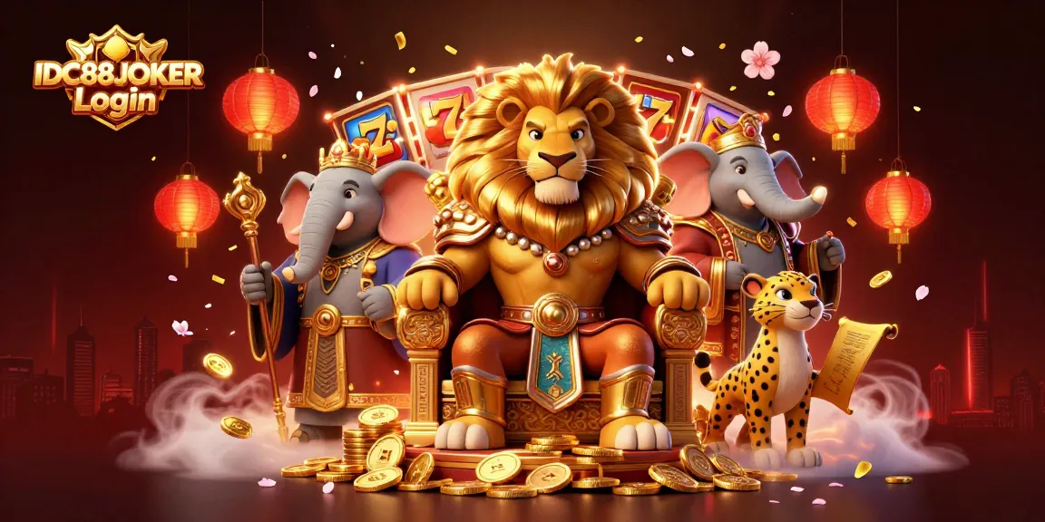 Participate in thrilling jackpots with IDC88JOKER Login showcasing a lion king on a throne with slot reels and vibrant decorations.