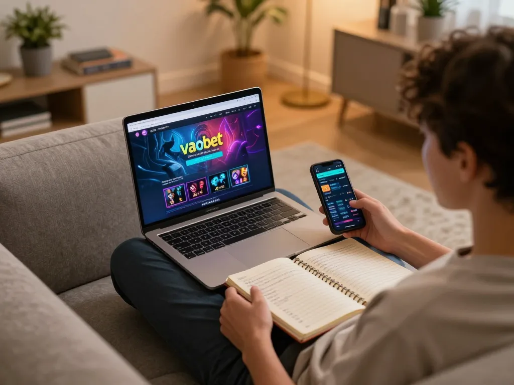 Engage with vaobet online gambling through a cozy home setup featuring gaming and strategy notes