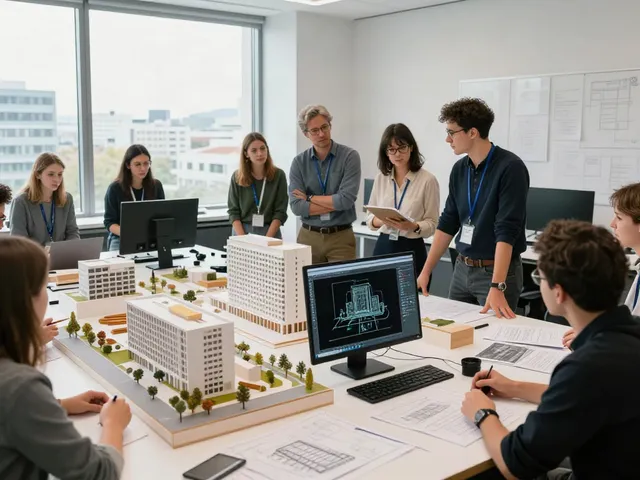 Architektur Modellbau Berlin: Architekten besprechen präzise Modelle in einem modernen Büro.