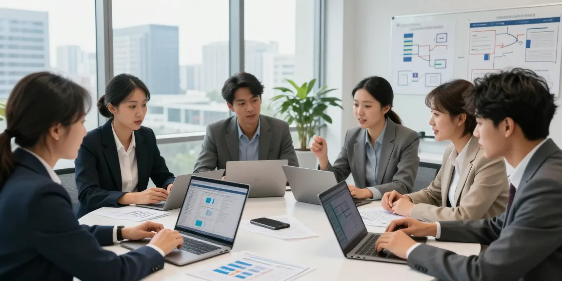 Asset tracing analysts collaborating around a table, reviewing reports and technology in a modern office setting.