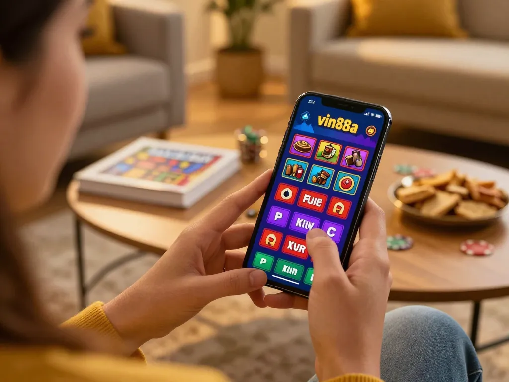Player using vin88a app on smartphone for online casino gaming at home, showcasing live dealer game.