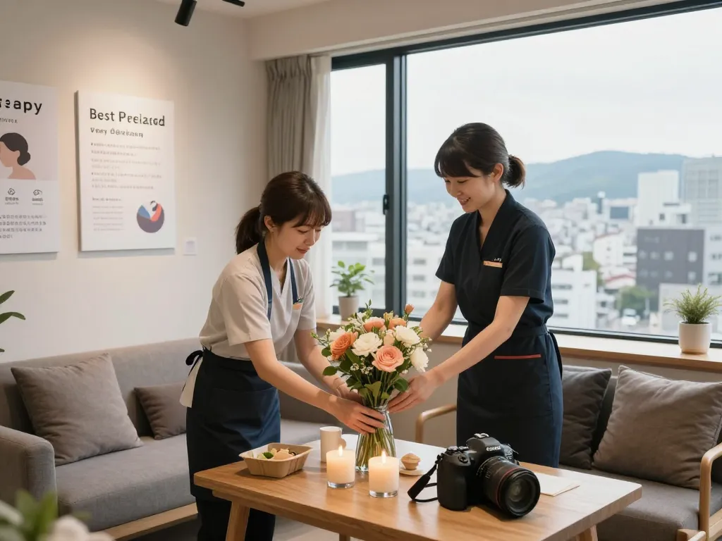 花とキャンドルでリラックスした環境を整えるプロスタッフが展示されている帯広デリヘルの温かい雰囲気。