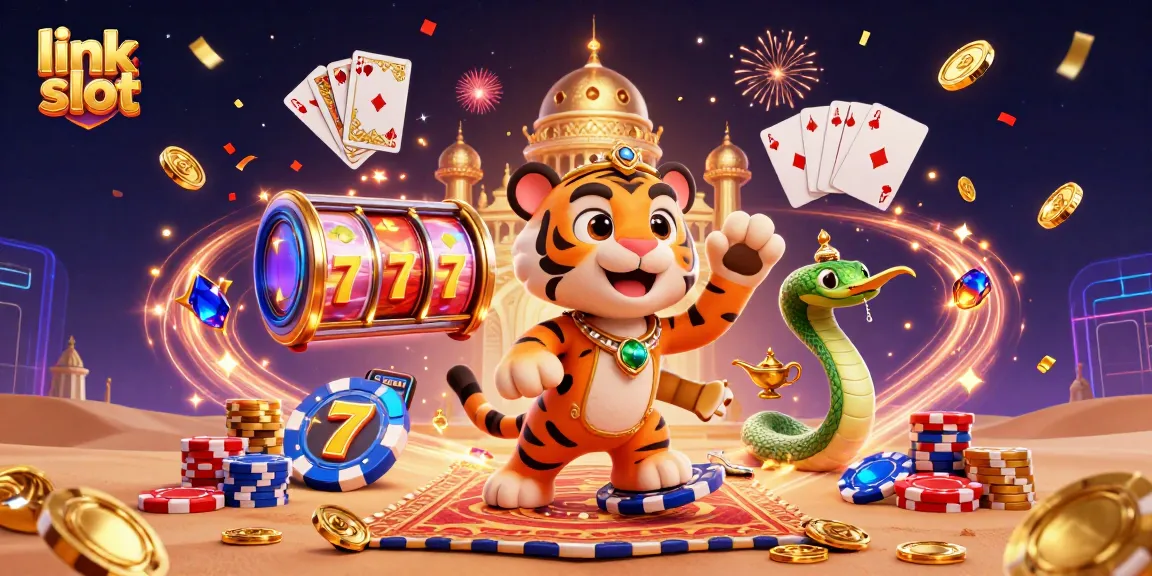 Experience the excitement of link slot games with a vibrant casino-themed illustration featuring iconic elements.
