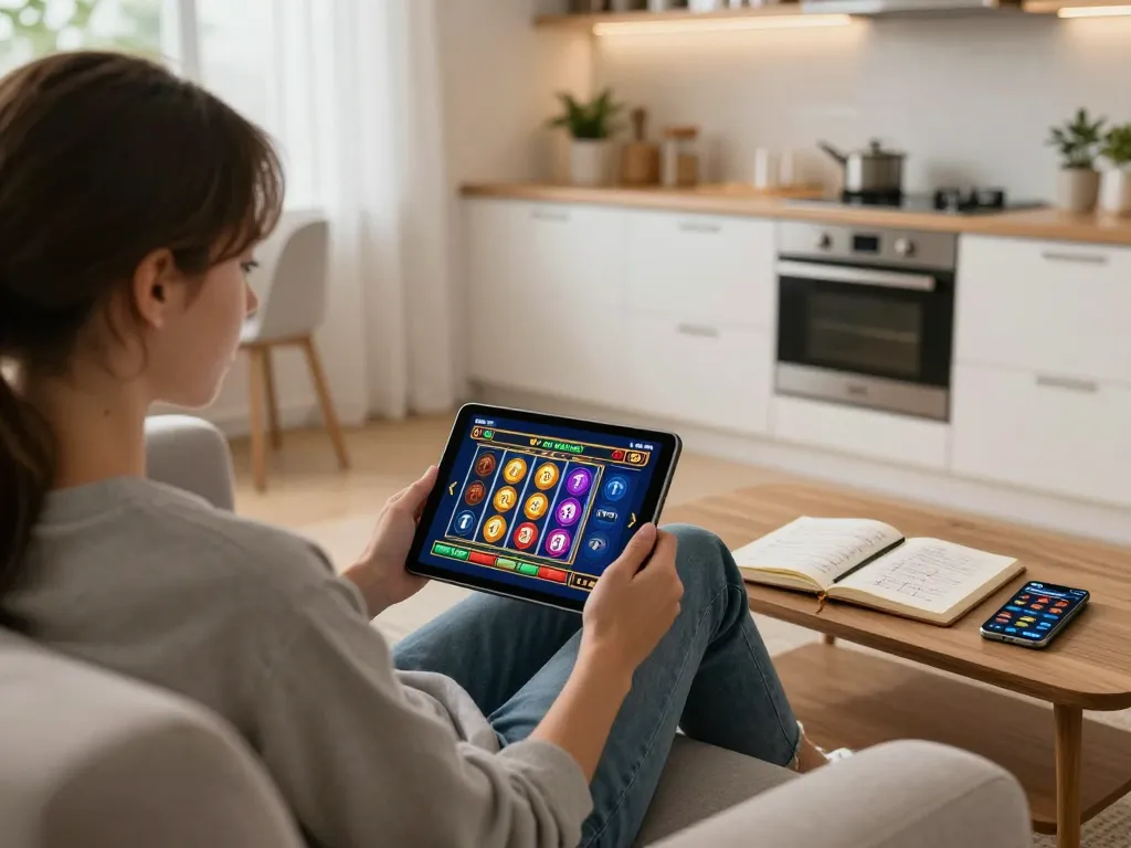 Engaged with slot depo 3k game on tablet while focused on strategic notes in a cozy home setting.