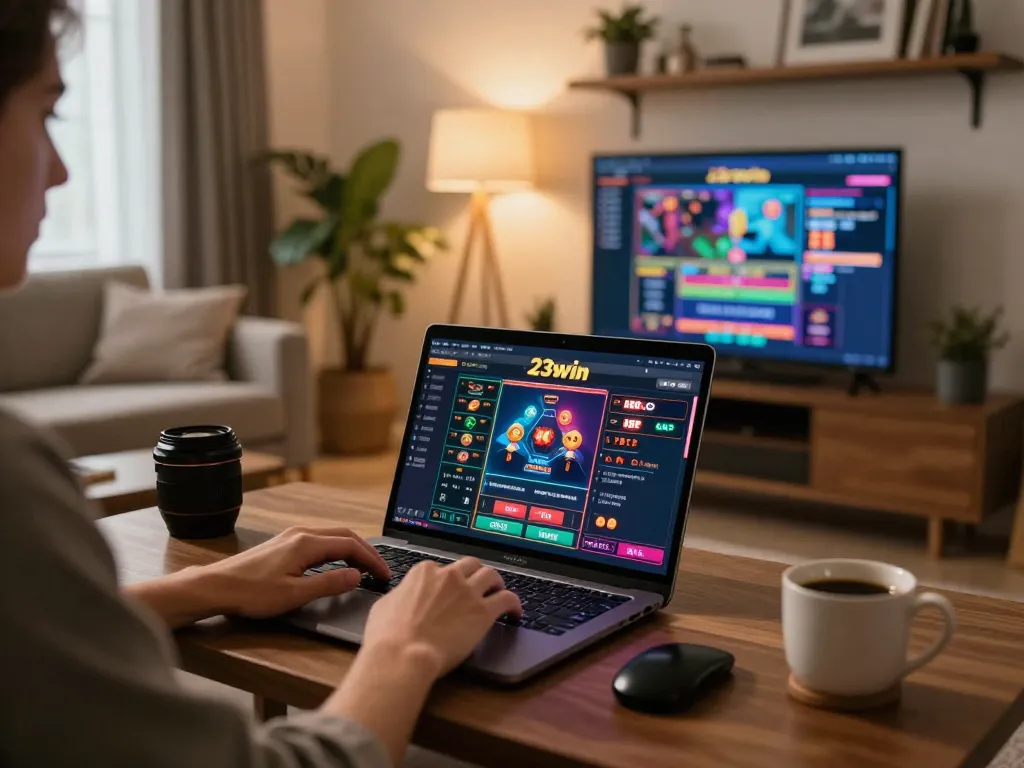 Experience online gaming thrills with 23win in a cozy home setup featuring a laptop and vibrant game display