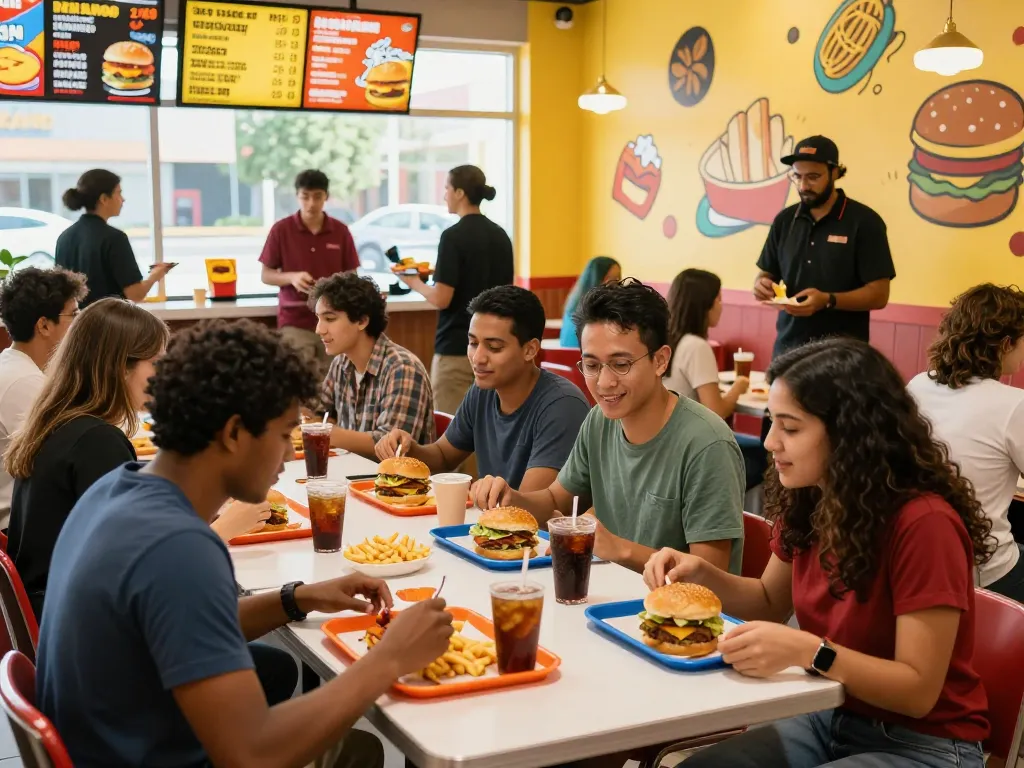 Fast food prices displayed in a vibrant restaurant setting with diverse diners enjoying meals.