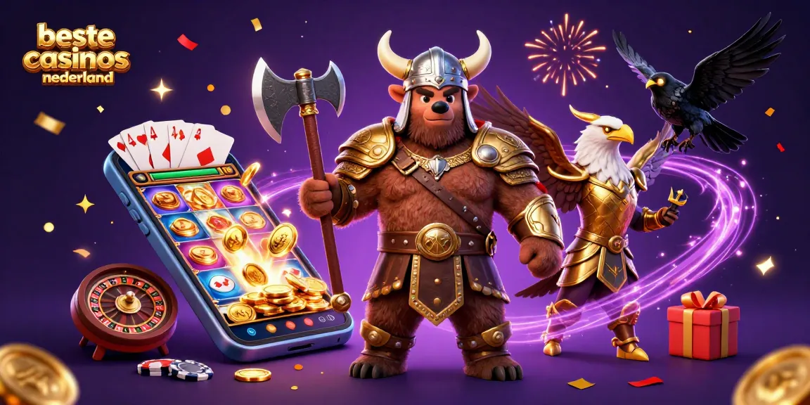 Experience the excitement of beste online casinos nederland with a dynamic 3D illustration featuring a Viking bear, Valkyrie eagle, and casino elements.