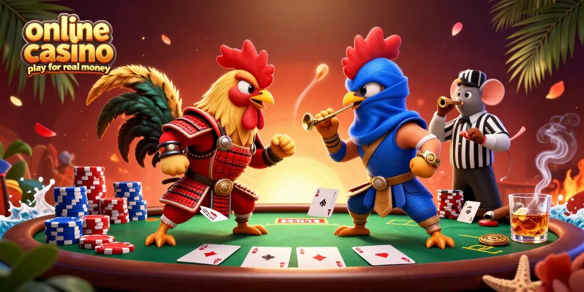 Engage in online casino play for real money with exciting poker match between fighting roosters.