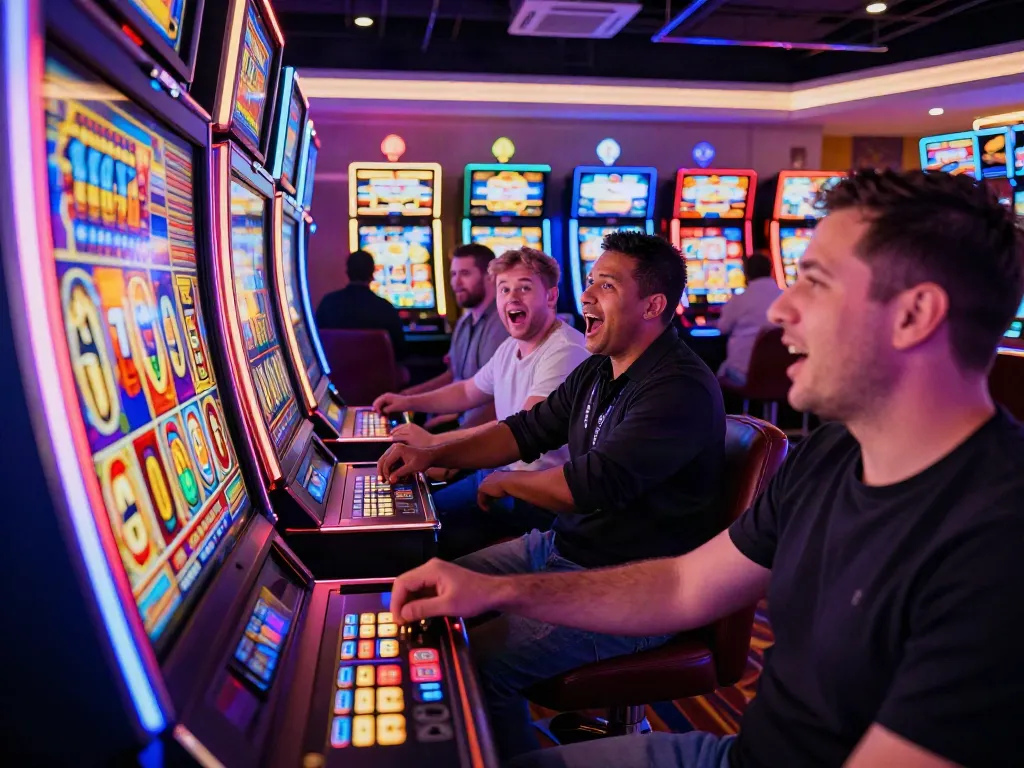 Peserta bersemangat memainkan mesin slot777 di kasino yang ramai.