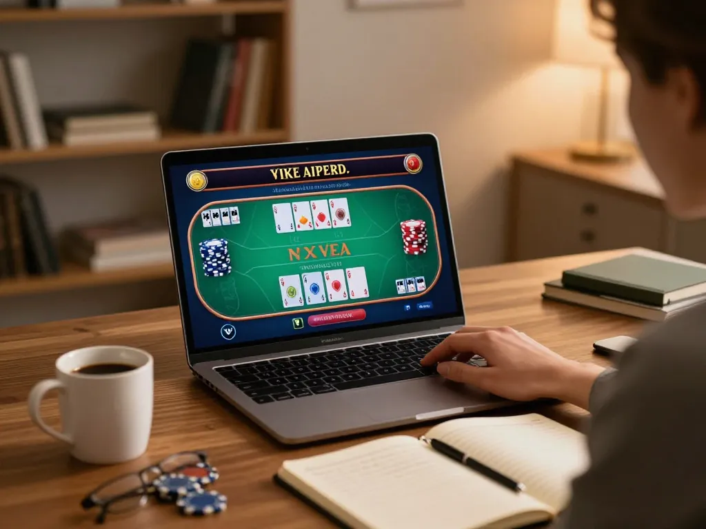 Engaging in live dealer blackjack on u888 with warm lighting, cozy home office setup.