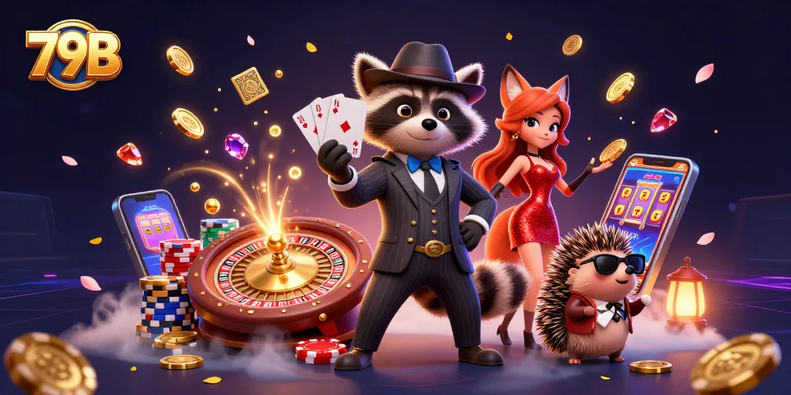 Experience winning at 79B with a 3D casino scene featuring raccoon, fox, and hedgehog characters.