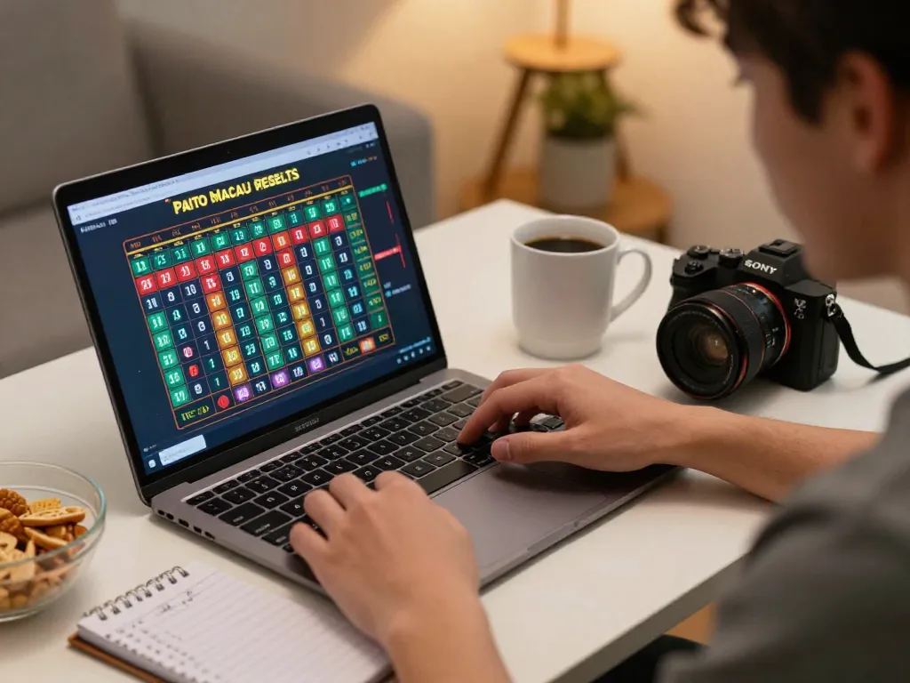 Paito Macau online betting scene featuring colorful lottery results on a laptop