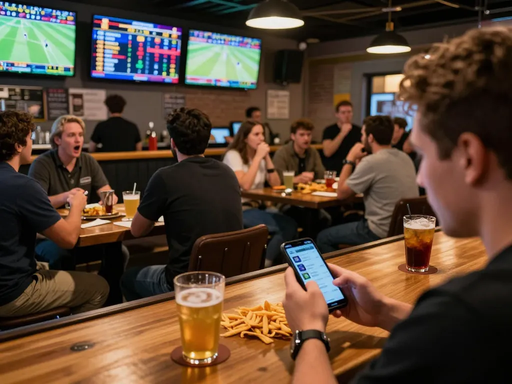 Engaged patrons strategizing sports bets at da88vip in a lively bar atmosphere