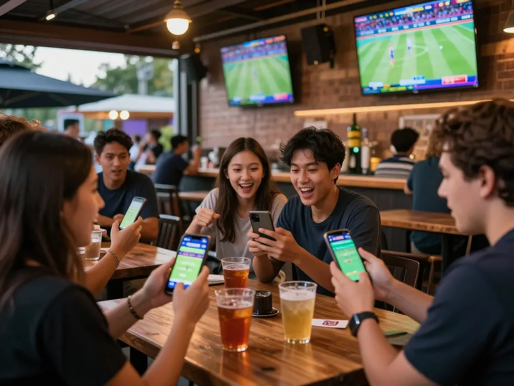 Excited fans using vin88tp app to place bets at an outdoor sports bar during live games
