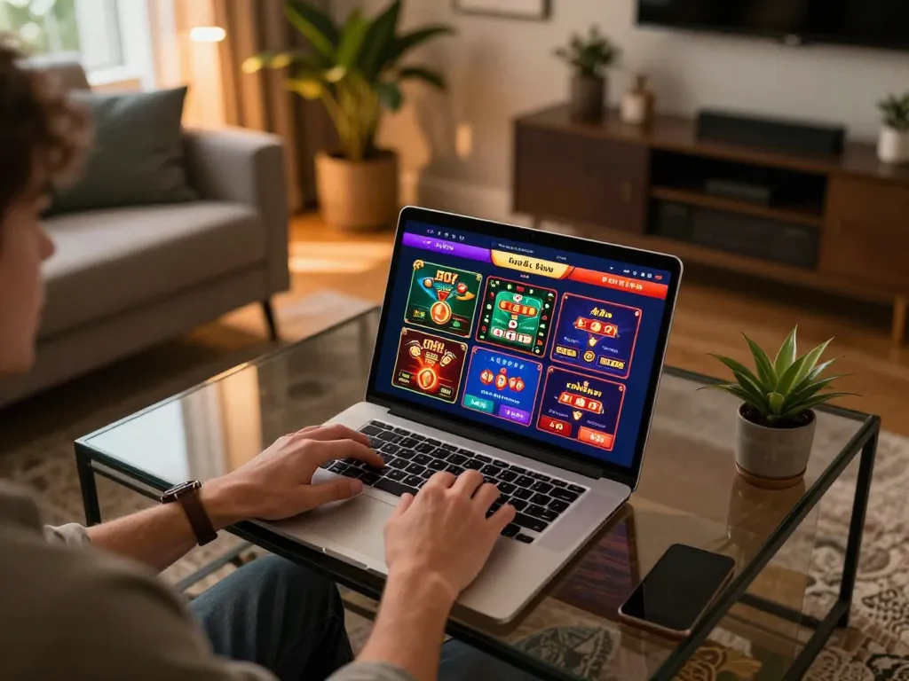 Engaging in online gambling at GOOD88 with vibrant game display and cozy home setting.