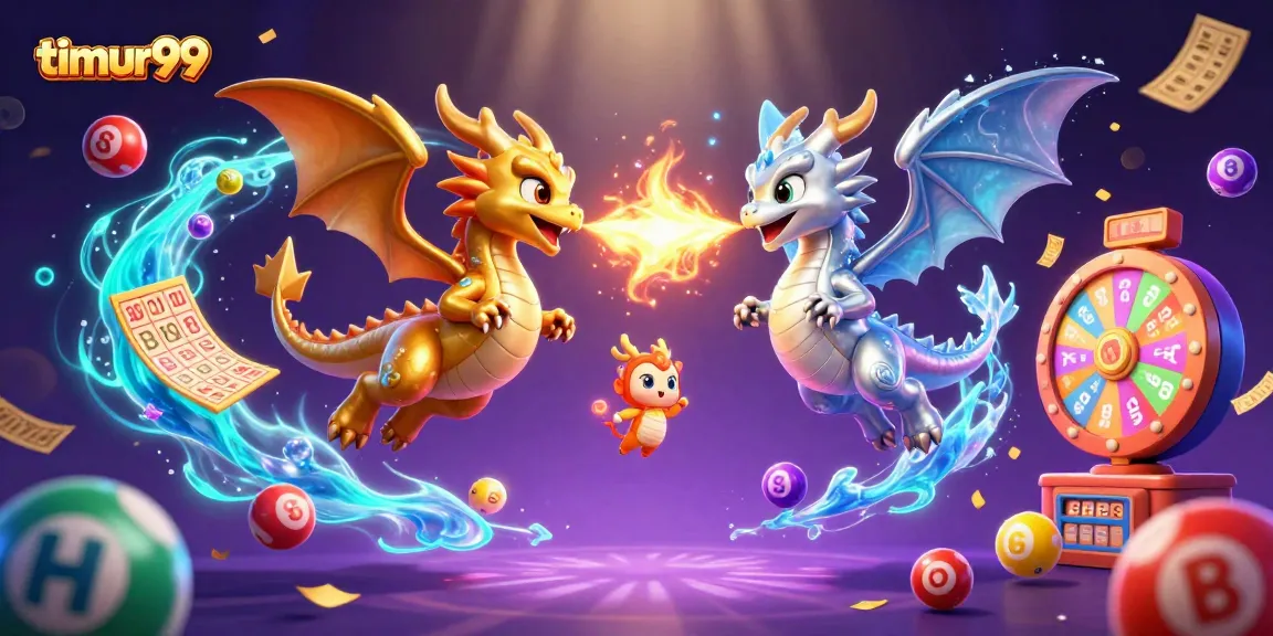 Join the excitement at timur99 with twin 3D dragon characters battling with fire and ice amidst vibrant gambling elements.