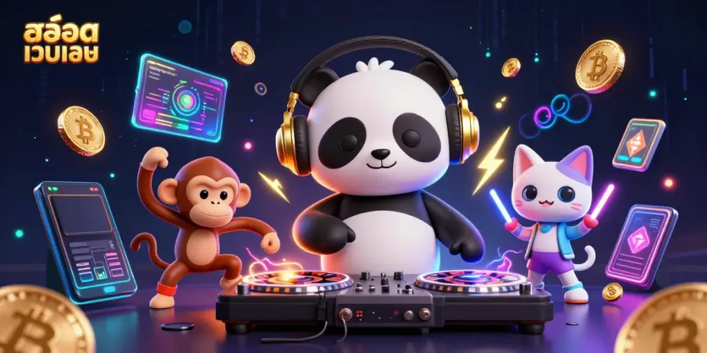 Engage in สล็อตเว็บตรง gaming with a lively DJ panda and friends amidst vibrant LED lights and crypto elements.