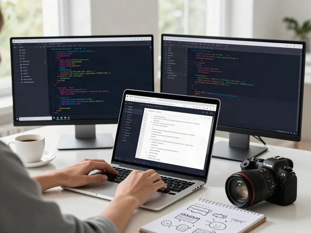 Brave browser user working in a modern tech workspace with vibrant coding displays.