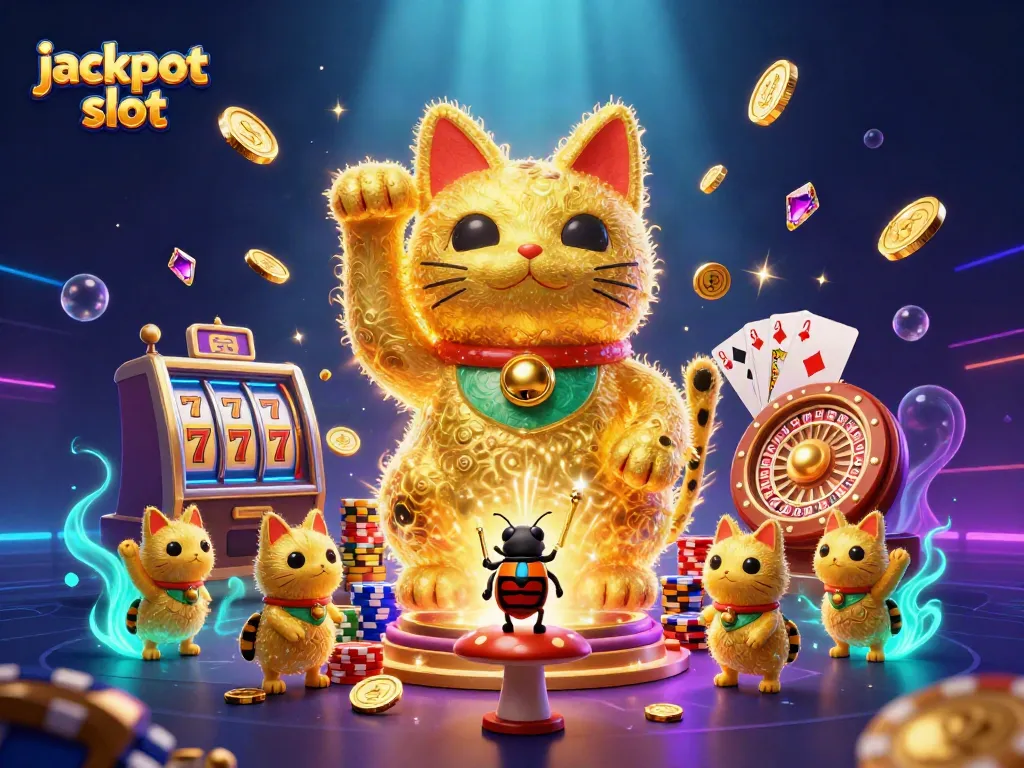 Play jackpot slot with a vibrant lucky cat illustration and dazzling casino symbols.