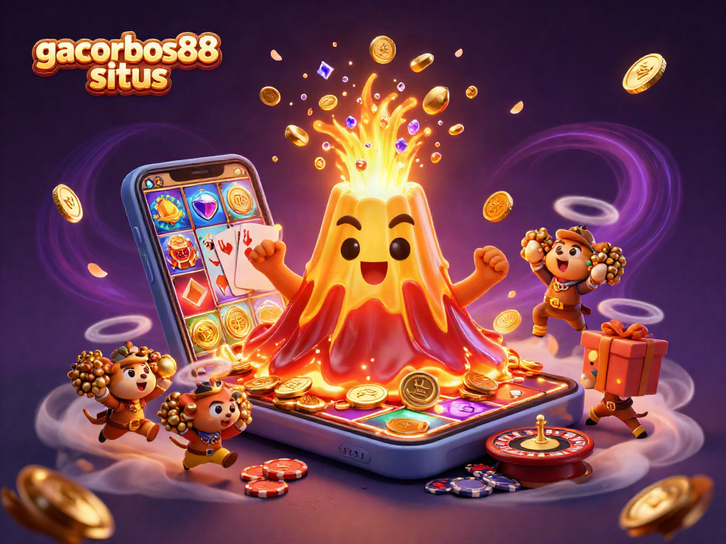 Play dynamic slot games with gacorbos88 situs, featuring a golden volcano and treasures.