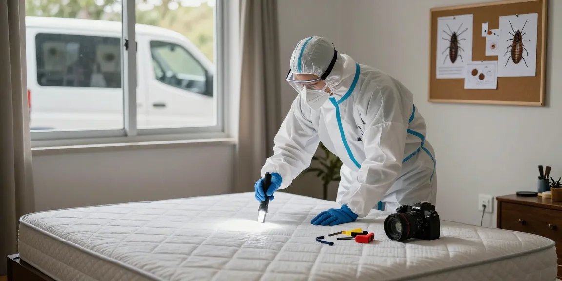 Bed bug control inspection by an exterminator in a cozy bedroom, ensuring discreet and effective treatment.