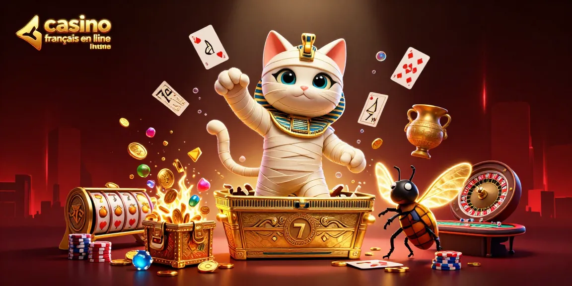 Visualisez un chat momie égyptien dans un casino en ligne, jouant aux jeux de casino français en ligne.