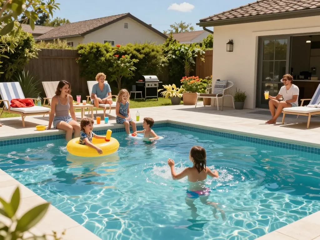 Dolphin Pool Services transforming a backyard into a family paradise with a sparkling pool and vibrant summer atmosphere