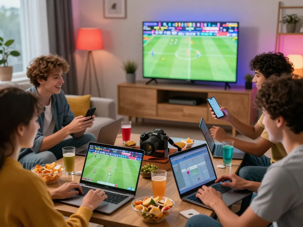 Friends enjoying MM88 online betting experience in a lively living room.