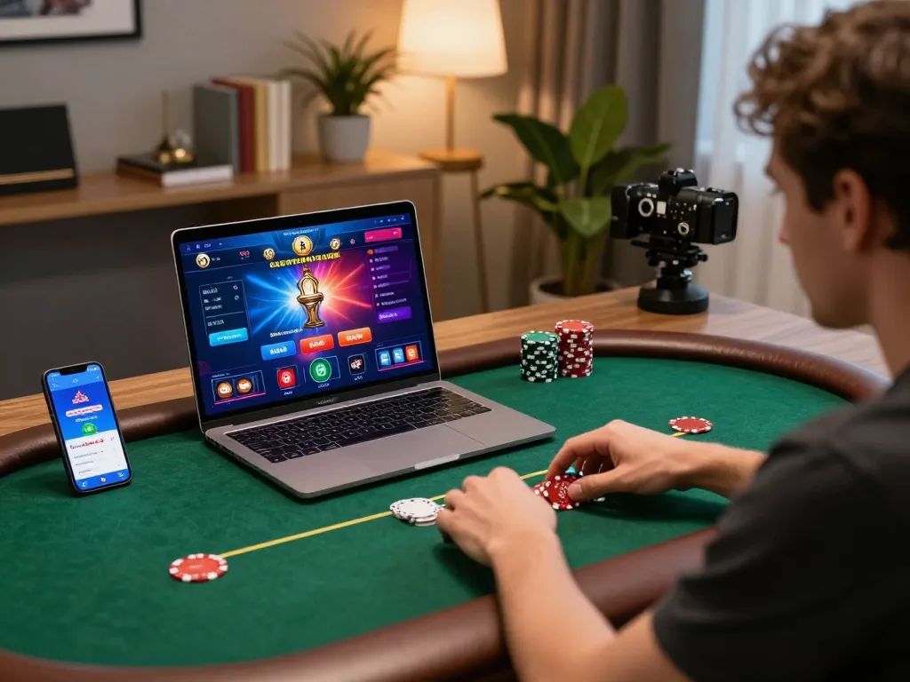 Player enjoying an intense poker game on xo88 app while using a laptop in stylish home office