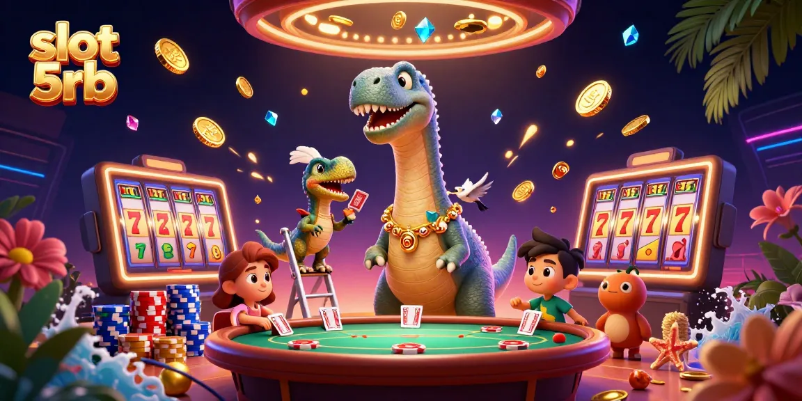 Engage with slot 5rb and experience thrilling jackpots under a towering dinosaur in an animated casino