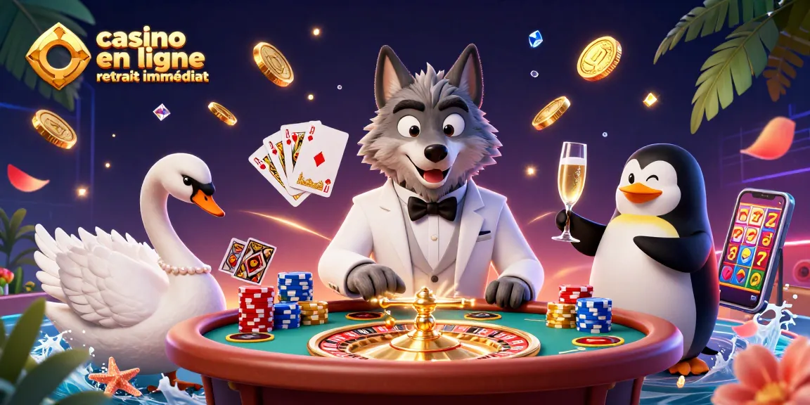 Le casino en ligne retrait immédiat avec des personnages animés à une table de baccarat entourés de pièces et de jetons.