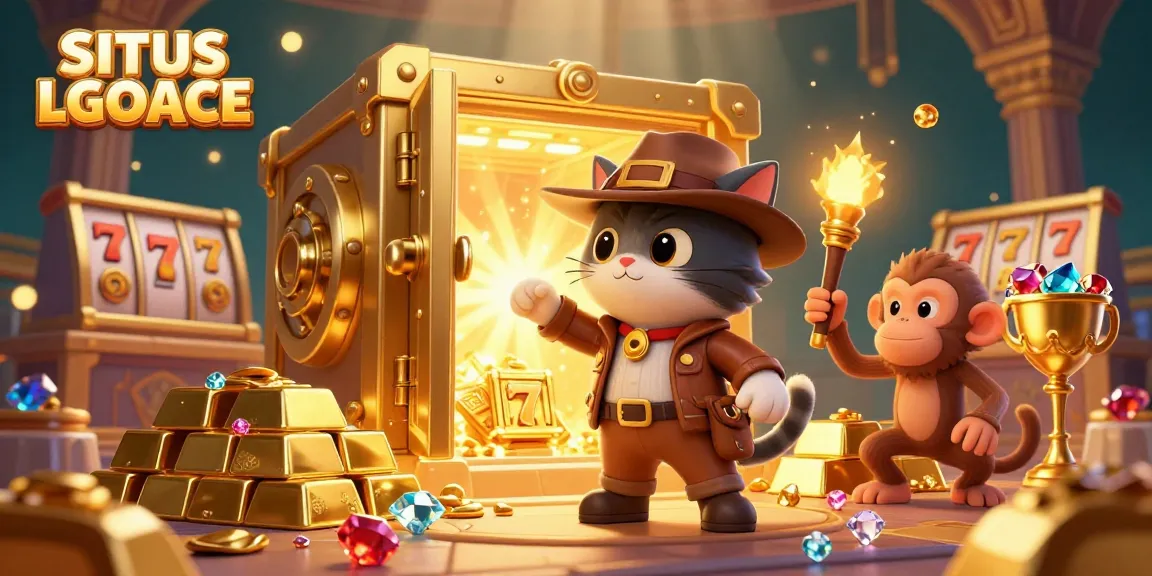 SITUS LGOACE showcases a thrilling slot adventure with a cartoon cat archaeologist and treasures overflowing.