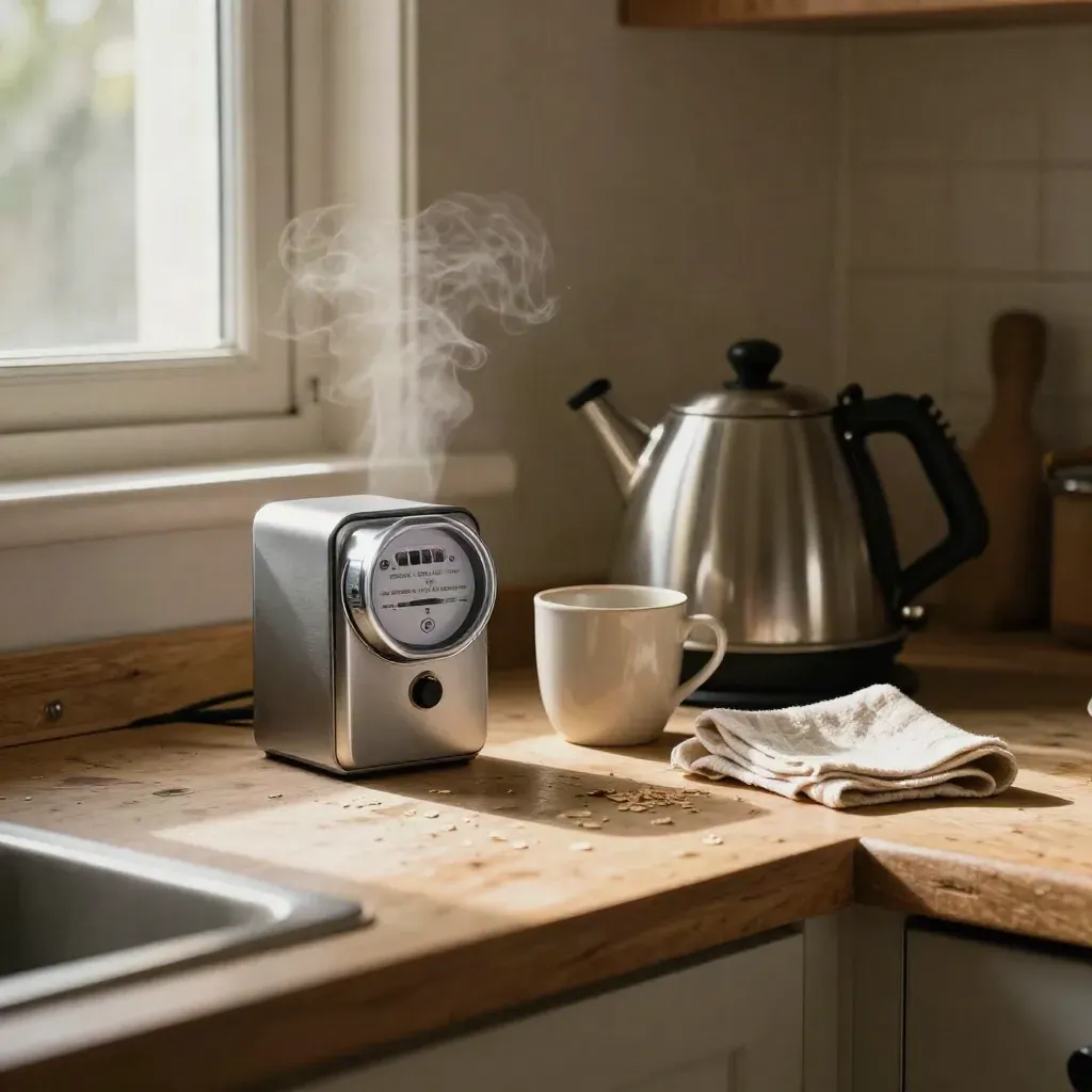 Steaming kettle beside a gas meter on a worn kitchen counter