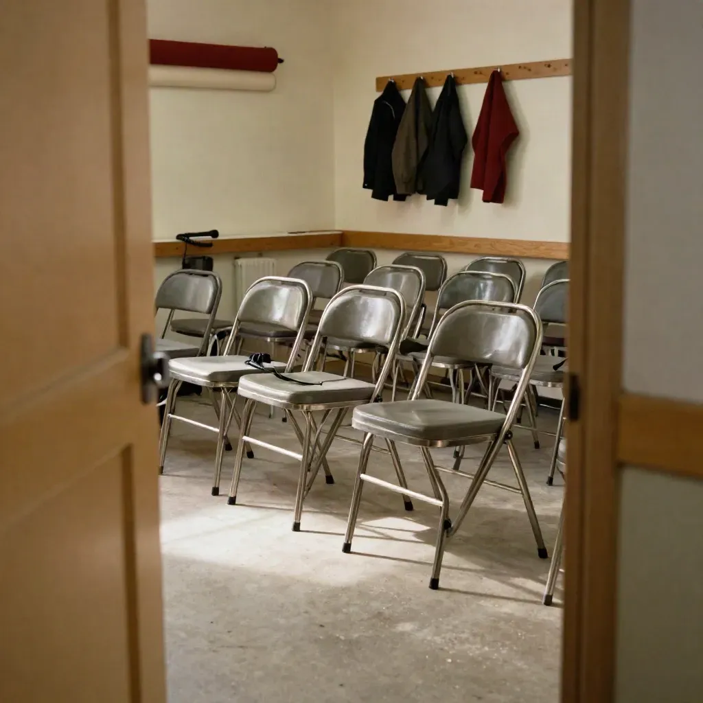 Empty union meeting room with stacked chairs, rolled banners and jackets, cleared after a vote.