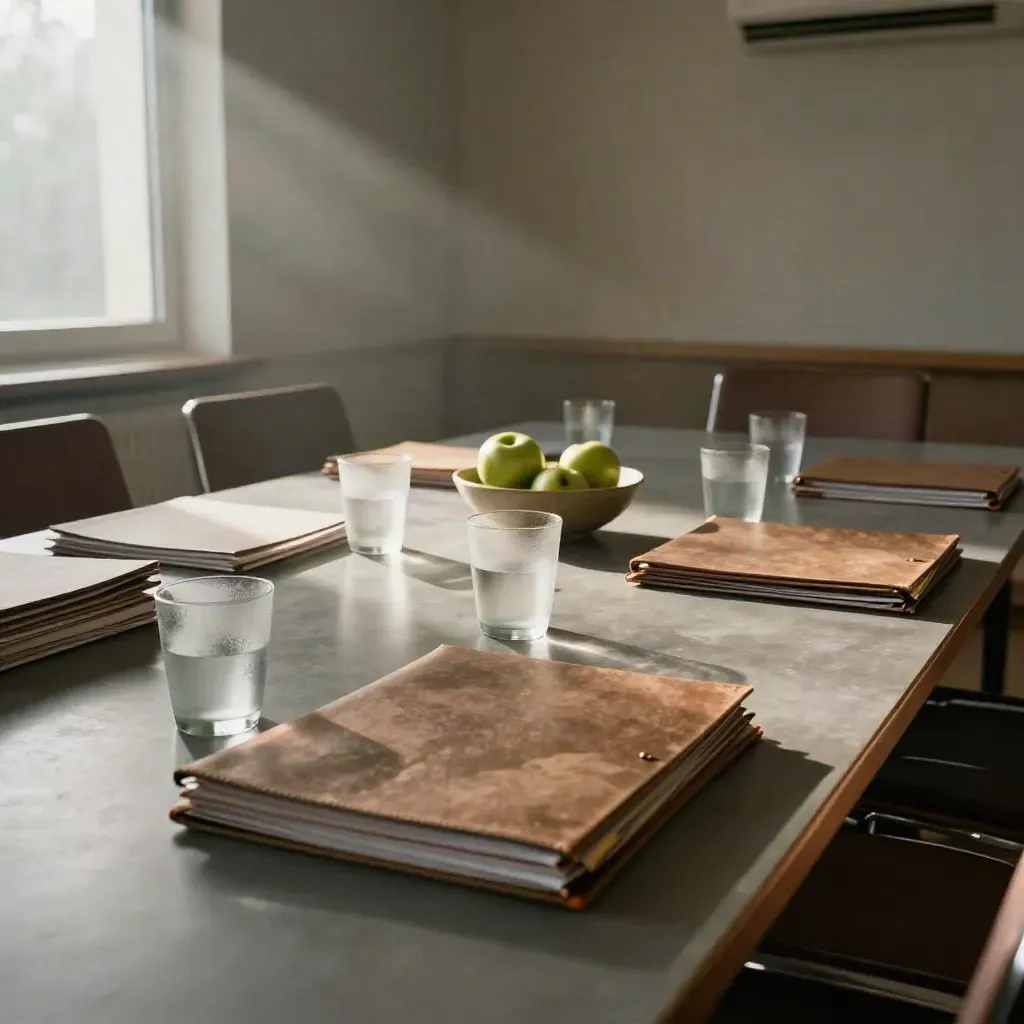 Empty negotiation room with folders, water glasses, green apples, and chairs pulled apart.