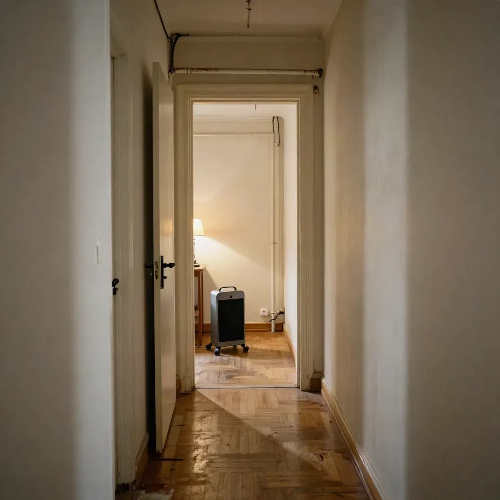 Cramped hallway with radiator pipes, a heater, and warm light spilling from one room.