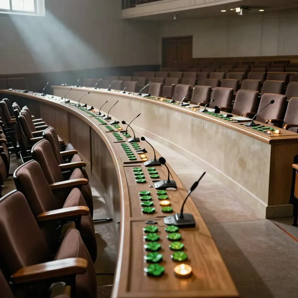 Empty council chamber with arced seats and green voting buttons in morning light.