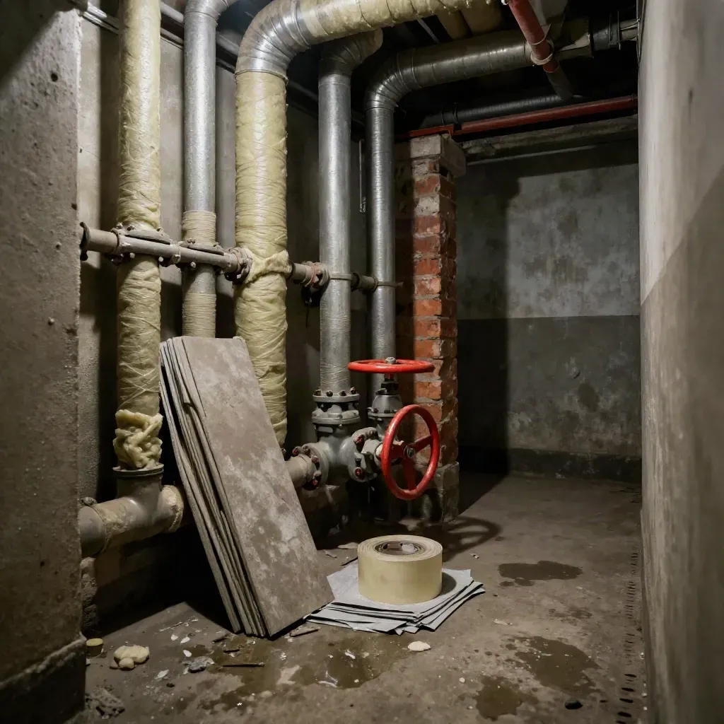 Paused boiler room retrofit with insulated pipes, stacked batts, and damp concrete stairs.