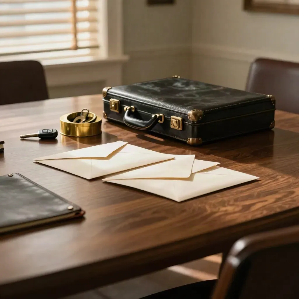 Empty boardroom table with envelopes, briefcase, brass paperweight and car key in warm window light.