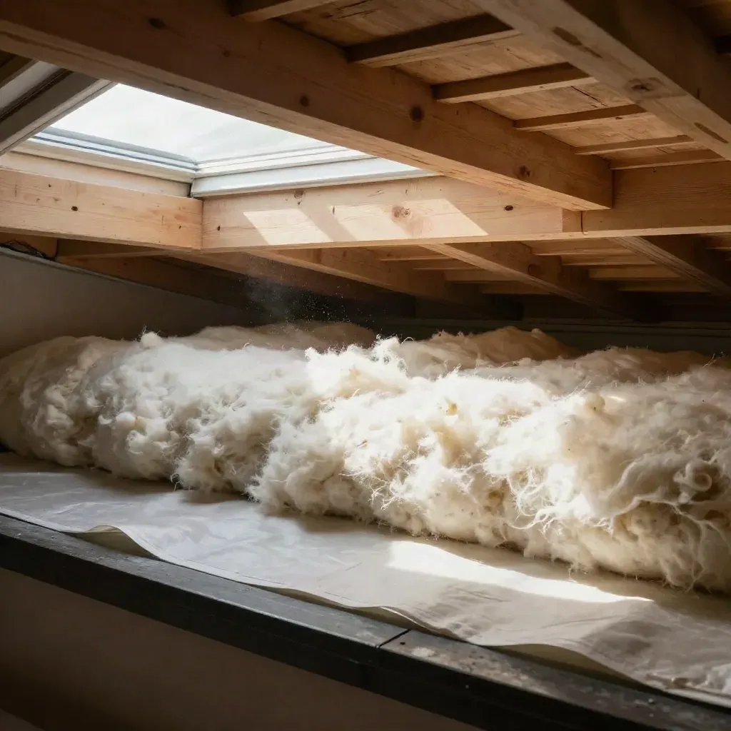 Attic loft insulation being installed beneath exposed beams and a bright roof window.