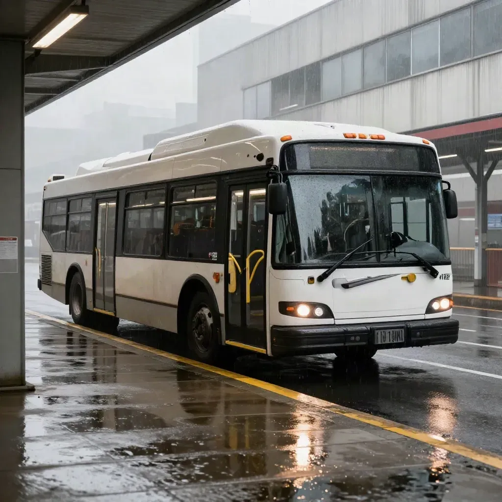 Articulated bus entering a rainy depot with wet pavement and mist