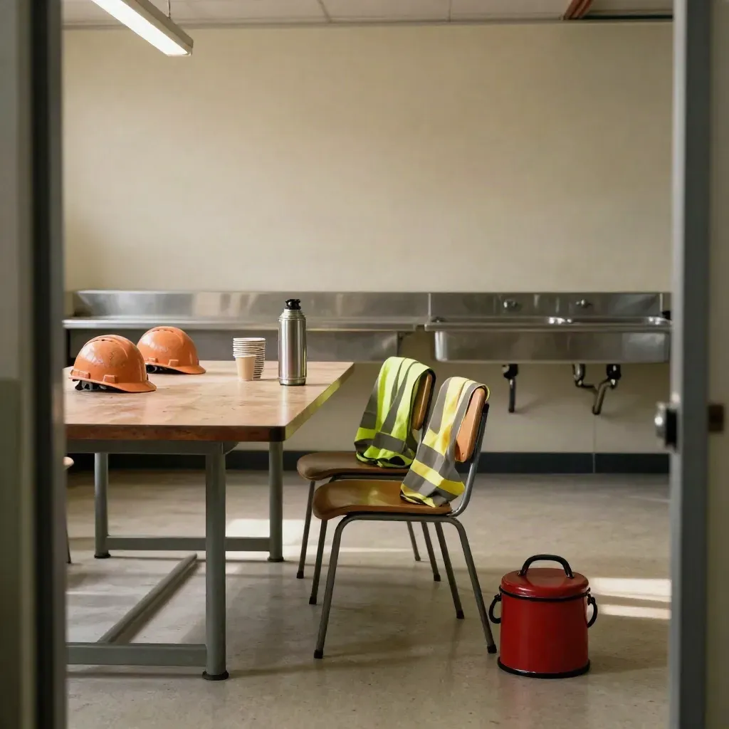 Empty factory break room with hard hats, safety vests, and a lunch table after a shift meeting.