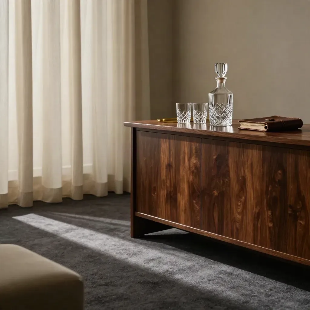 Low-lit reception room with decanter, leather portfolio, and long shadows across carpet.